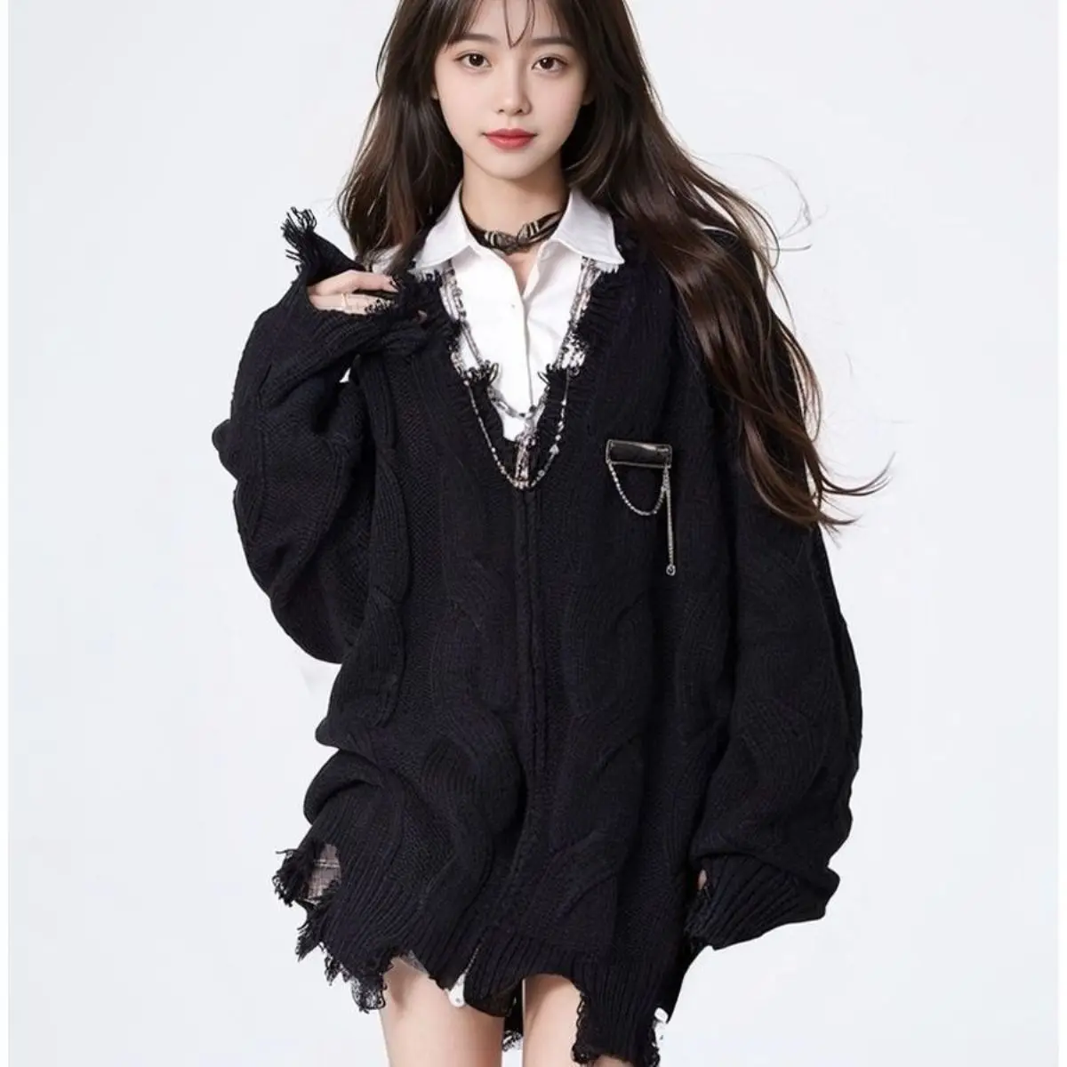 

V-neck Cardigan Women Zipper-up Vintage Fashion Hip Hop Ripped Knitted Sweater Autumn Design Streetwear Y2K All-match Popular