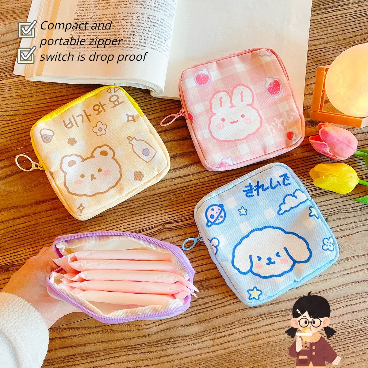 2024 New Kawaii Style Mini Ladies Cartoon Coin Bag Tampon Portable Large Capacity Menstrual Towel Storage  Animal Storage Bags