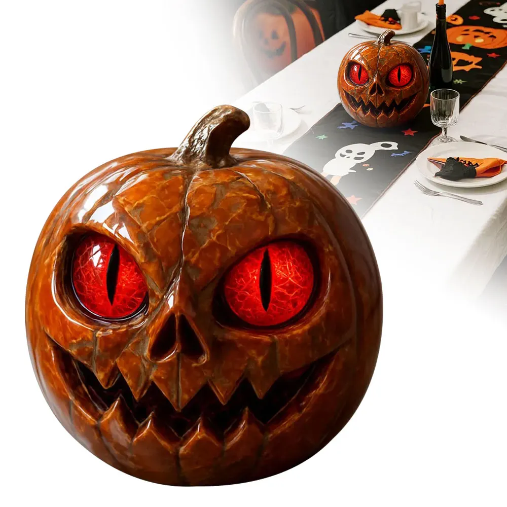 تصميم فريد من نوعه على شكل يقطين مصنوع يدويًا تمثال يقطين أحمر العينين مظهر رخامي من الراتنج مع عيون كهرمانية ديكور سطح الطاولة للهالوين