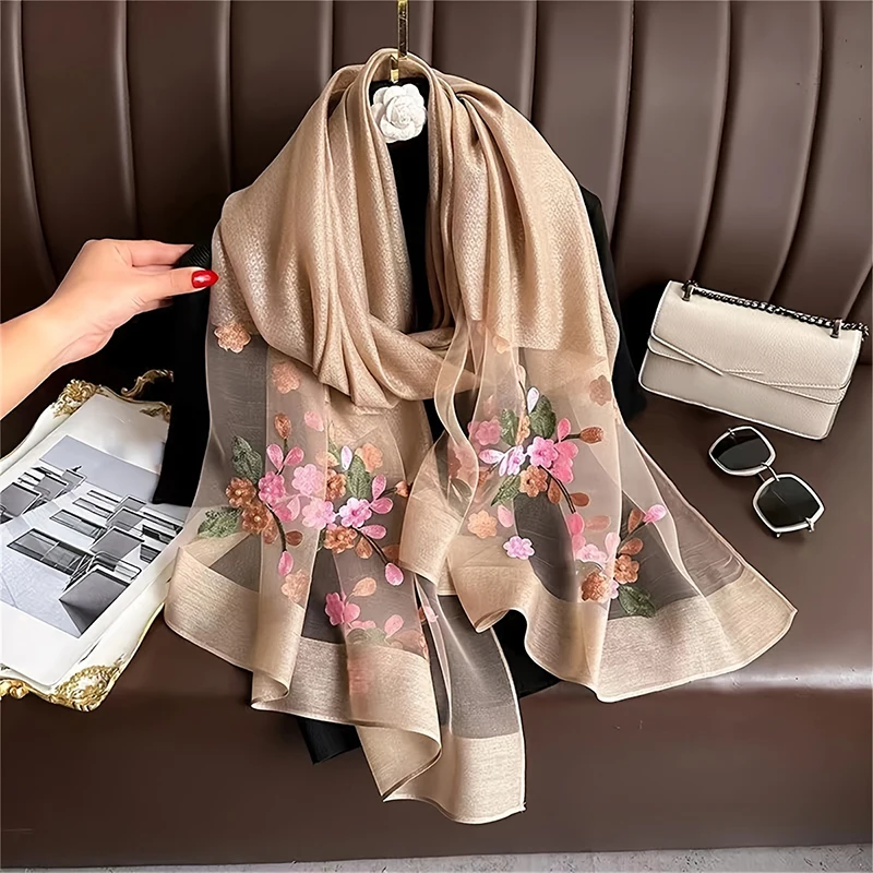 2024 Luxury Silk Embroidery Flowers Shawl Scarf for Women Design Hijab Wraps Lady Scarves Female Headkerchief Fouloud Echarpe