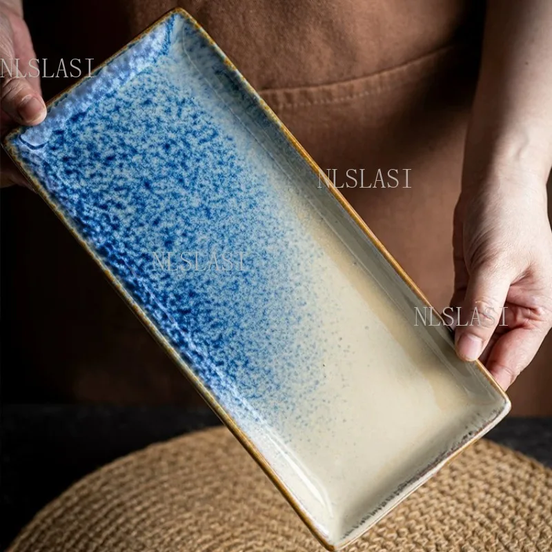 1pc Rectangular Ceramic Disc Household Underglaze Color Sushi Plate Specialty Restaurant Tableware Fish Dish Dinner Plates