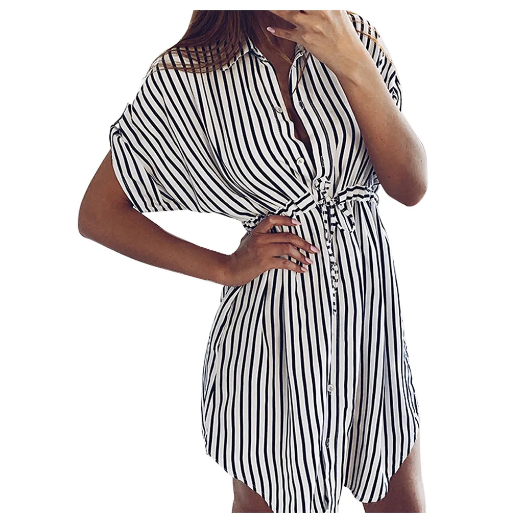 Office Lady Striped Lapel Shirts Dresses Summer Women Elegant Short Sleeve Single Breasted Bandage Casual Commute Mini Dresses