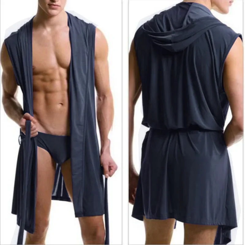 

Men's Summer Milk Silk Bathrobe Hooded Sleeveless Bathrobe Pajamas Slimming Medium And Long Fitting Household Clothing