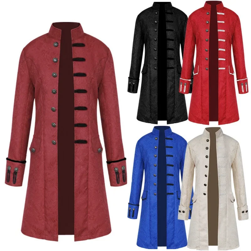 

Medieval Men Trench Retro Coat Single-breasted Uniform Gothic Stand Collar Renaissance Jacquard Outwear Halloween Costume