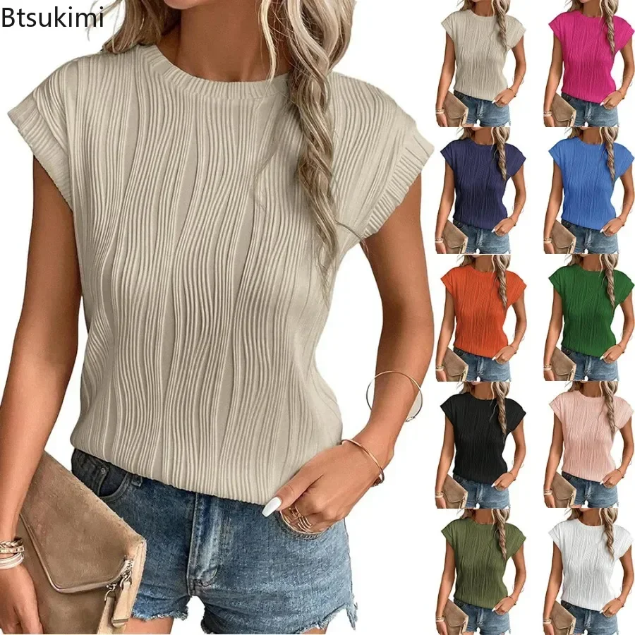 Summer New Women's Solid Short Sleeve O-neck Tops Fashion Textured Temperament Slim Casual T-shirt Ladies Daily Versatile Blouse