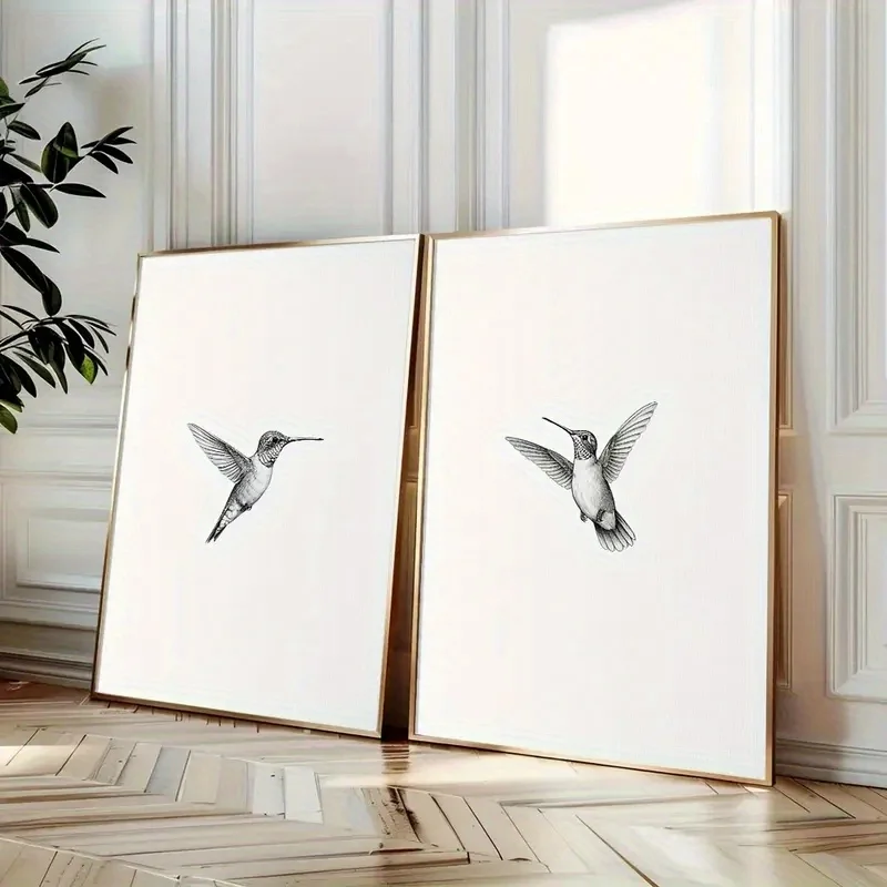 2PCS Large-sized frameless canvas paintings,2 Pcs Frameless Hummingbird Sketch Art Retro Poster,Canvas Printing Simple Animal an