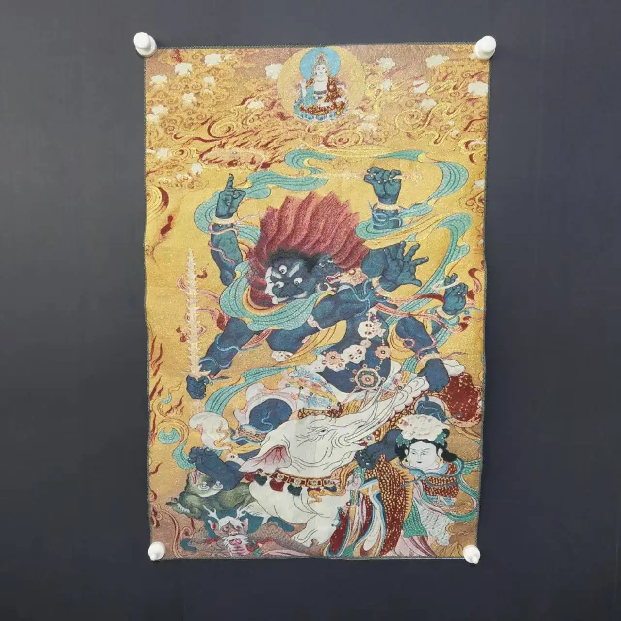 Old Thangka Silk Embroidery brocade Nepal Step Throwing King Kong Mingwang Dharmapala Town House