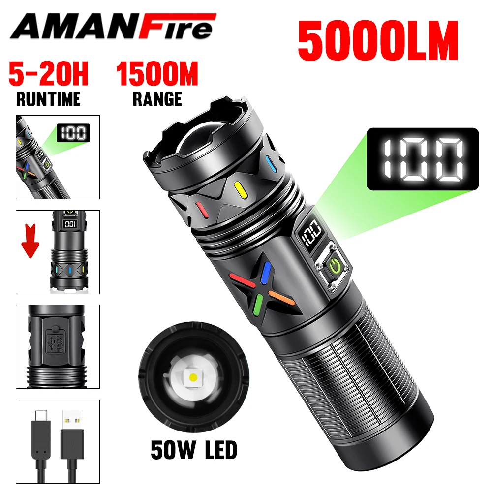 

Светодиодный перезаряжаемый фонарик Amanfire LS702, мощный светильник, 50 Вт, водонепроницаемый уличный рабочий фонарик с зумом