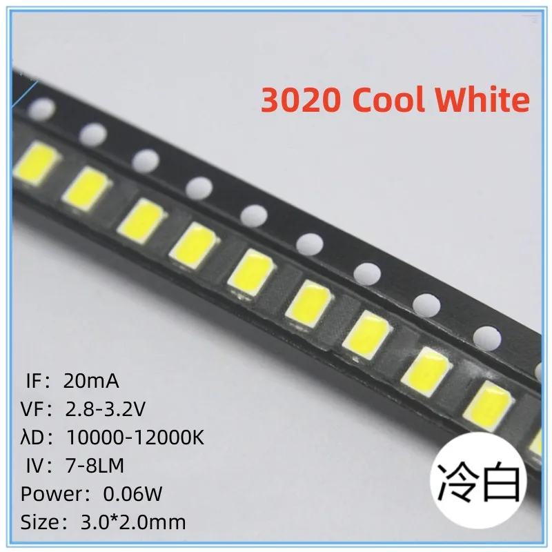 100Pcs SMD LED 3020 Cool White 10000-12000K LED Lamp Beads Size 3020 Light-emitting Diode High Bright Quality