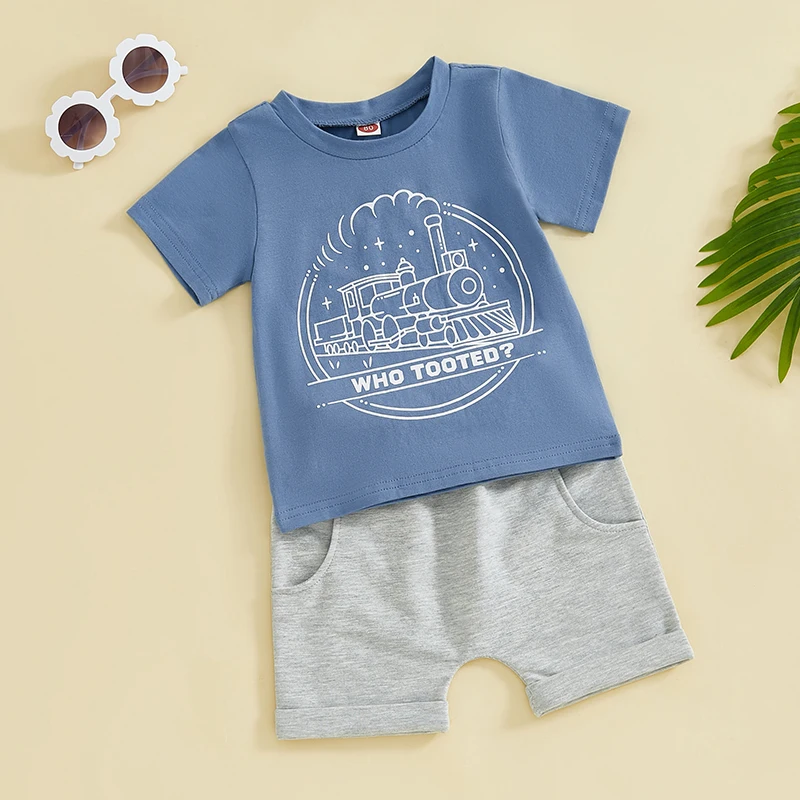 Toddler Kids Baby Boy Summer Clothes Letter Train Print Short Sleeve Round Neck T-Shirt with Elastic Waist Solid Shorts Outfit