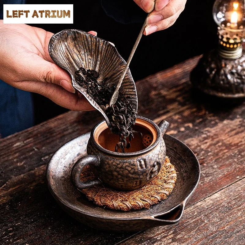 Gilded Iron Glazed Pottery Lotus Leaaf Tea Scoop AncientShovel Chahe Awakening Tea LadleDahongpao Cafes Accessories Ornaments
