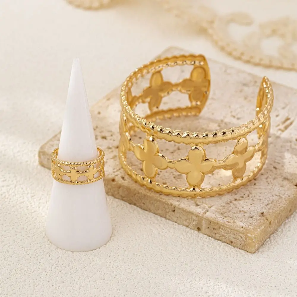 Изысканный браслет-манжета с цветком в форме клевера, золотой/серебряный браслет с полым цветком, широкая манжета, дизайн флоры, открытый браслет, аксессуары для рук