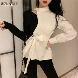 Hollow Out Shirts Women Korean Style Lace-up Bow New Trendy Halter Niche Design Ladies Spring All-match Patchwork Simple Fit