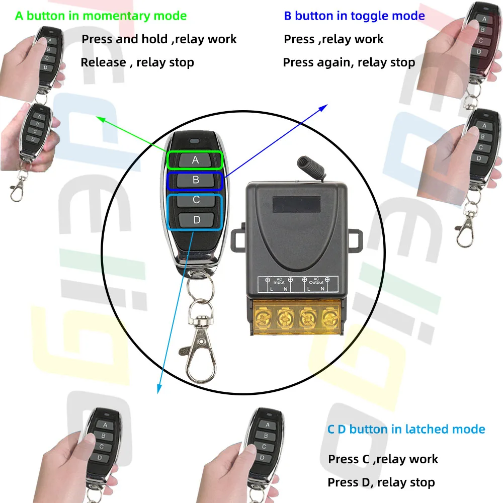 Wireless Light Remote Controller Switch 433MHz 30A 1CH Relay Receiver Module Transmitter for Pump/Lamp/Lock/Fan 110V 220V 240V