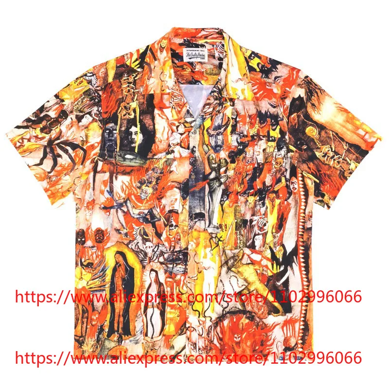

WACKO MARIA Men's Shirts Orange Tone Hawaiian Shirt Short Sleeve Button Up Streetwear High Quality Men Top