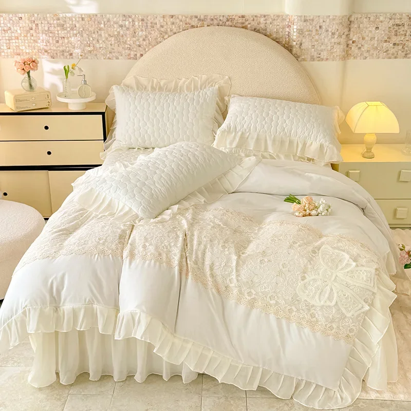 

French princess wind-washed cotton three-dimensional lace bed cover four-piece bed sheet quilt cover lace bedding