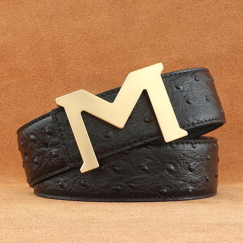 High quality ostrich pattern designer gray belts men genuine leather fashion letter M slide buckle 3.8cm wide ceinture homme