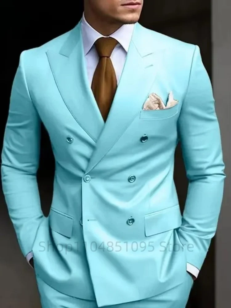 

Fashion Brown Men Suits Slim Fit Double Breasted Peak Lapel Blazer Pants 2 Pieces Luxury Business Party Wedding Tuxedos for Men