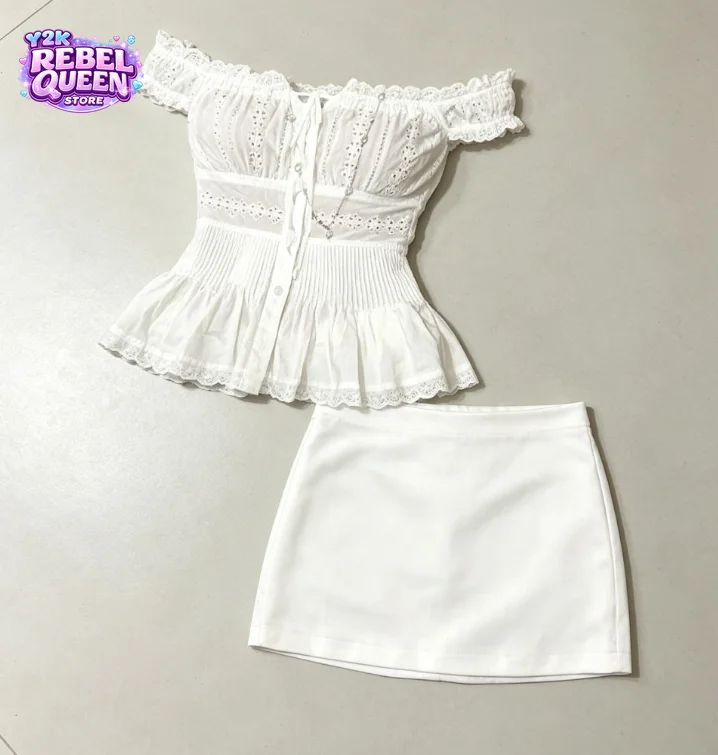 Korean Hot Girl Elegant Women Off Shoulder Hollow Lace Tie Front Slim Peplum Top + Satin Mini Skirt 2 Pieces Set Summer Outfit