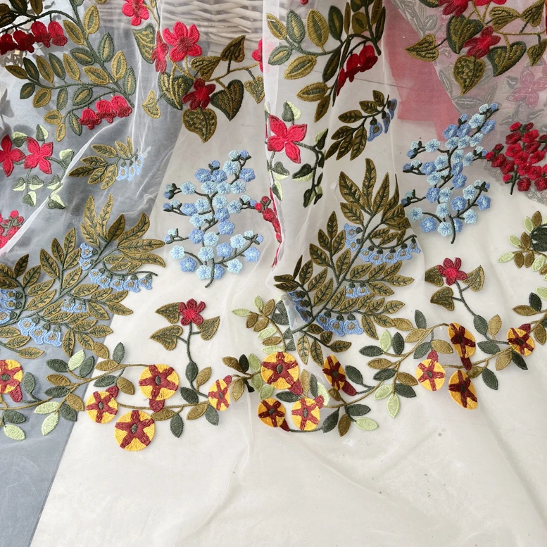 1yard High quality White lace sewing Colorful embroidery tissus fabric for clothing dress cheongsam fabric