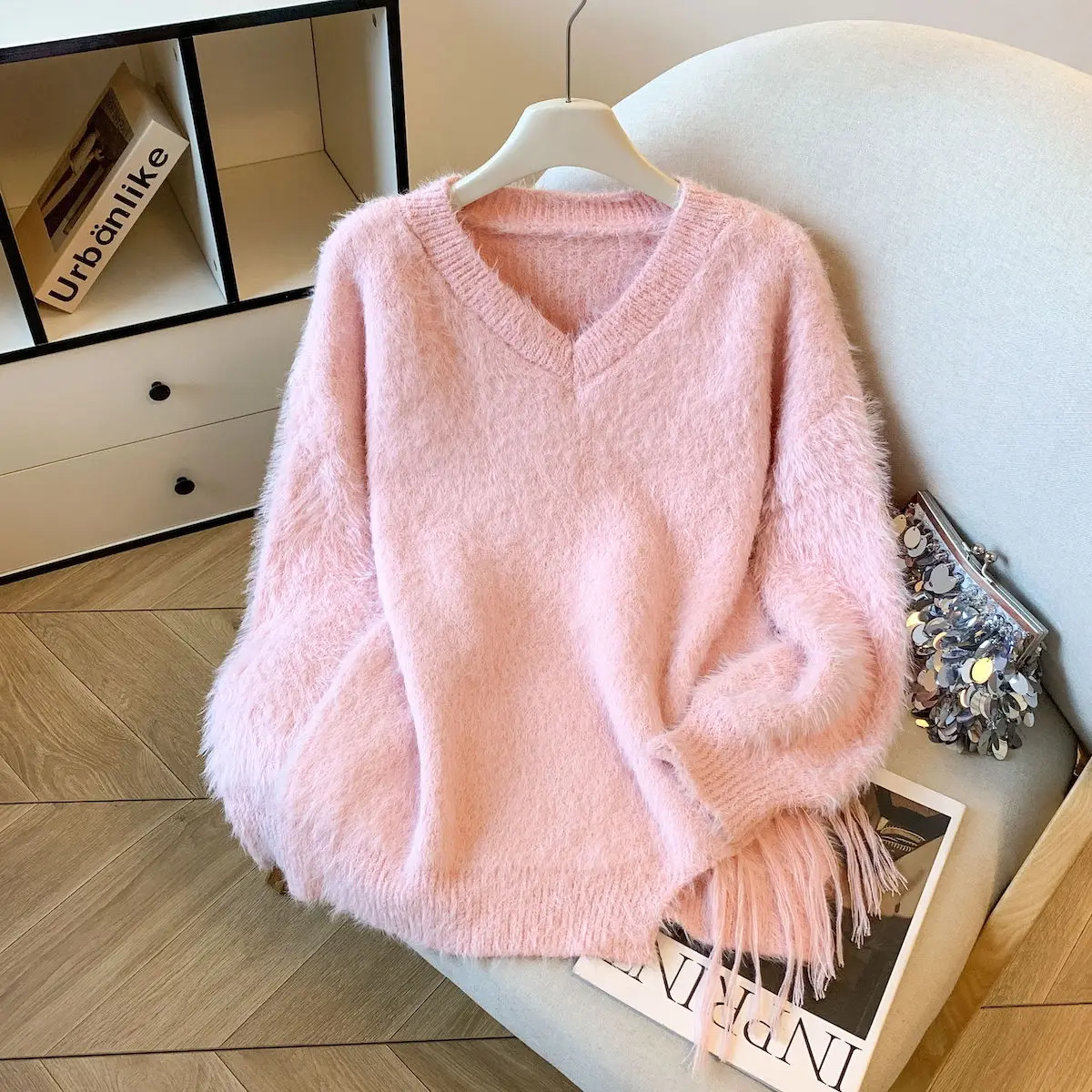 

Уникальный красивый женский трикотаж из меха норки с v-образным вырезом и кисточками, мягкий теплый осенне-зимний свитер, милый прямой крой, Thiened