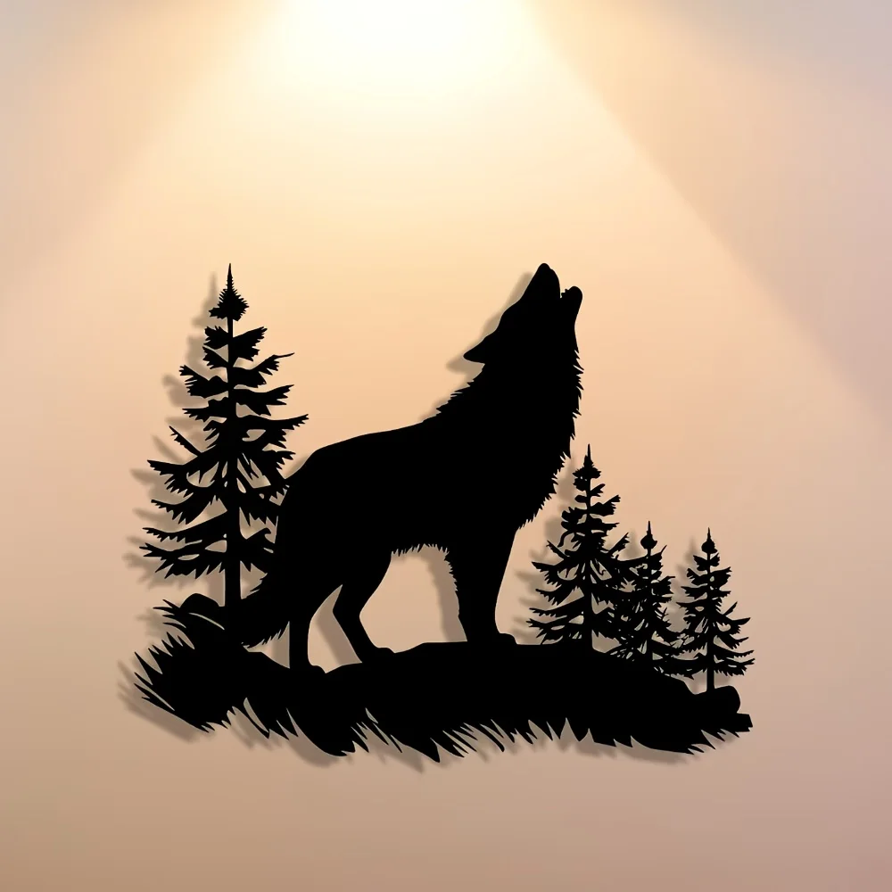 Heulender Wolf Wald Metall-Wanddekoration, Minimalistische Eisen-Wildtier-Silhouetten-Wandkunst für Hütte, Wohnzimmer, Terrasse