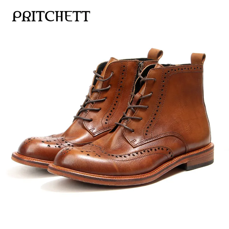 

Brogue Carved High Top Boots Retro Handmade Genuine Leather Shoes Side Zipper Personalized Lace-Up Gentleman Men's Boots