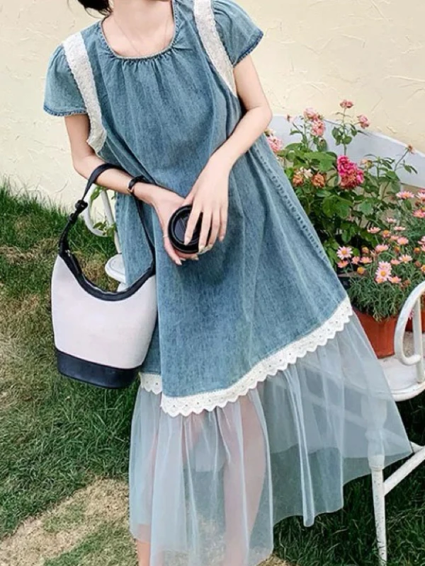Mid-Length Lace Patchwork Denim Dr Women's Loose Design Sensation Me Skirt A-Line Silhouette ort Sve round Ne