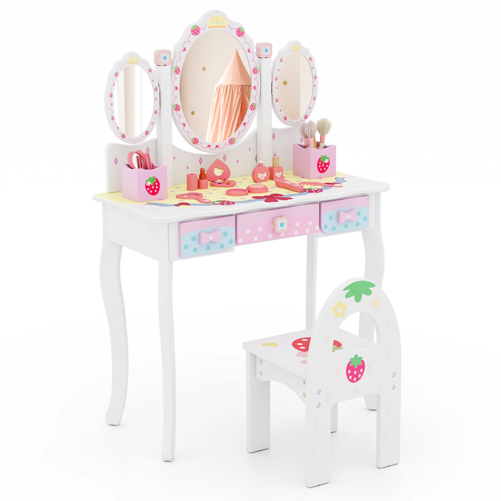 GOFLAME Kids Vanity Table and Chair Set, 2in-1 Makeup Dressing Table with Detachable Tri-Folding Mirror