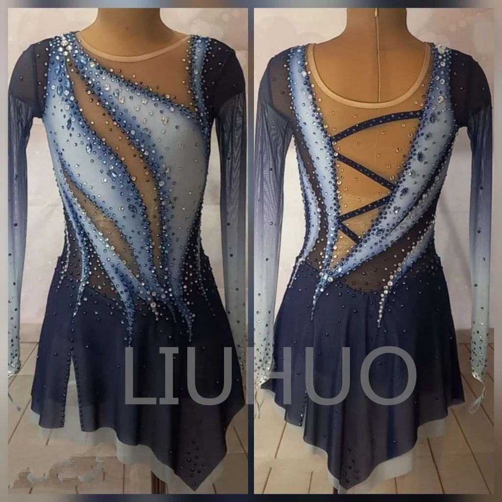 LIUHUO Figure Skating Performance Skirt for Children Competition Grading Skating Skirt Blue Gradient