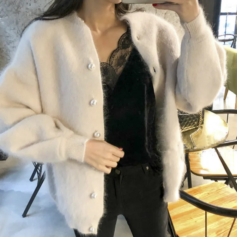 

Women Chic Pearls Beads Fluffy Mohair Sweater Lantern Sleeved Knitted Cardigan Buckles Sweater Velvet Jacket Oversized Sweater