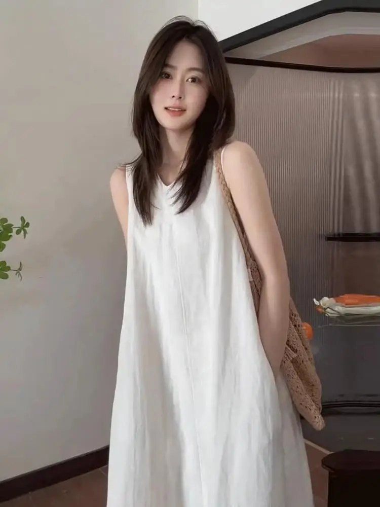 Korean Style Simple White Sleeveless Dress Women's Summer High-End Slimming Vest Skirt Loose Feelings Casual Wear H-Shape