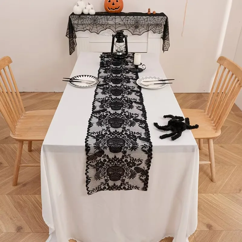 Halloween Small Spider Lace Table Runner for Night Terror Atmosphere Ghost Festival Dining Table Decoration Living Room Kitchen