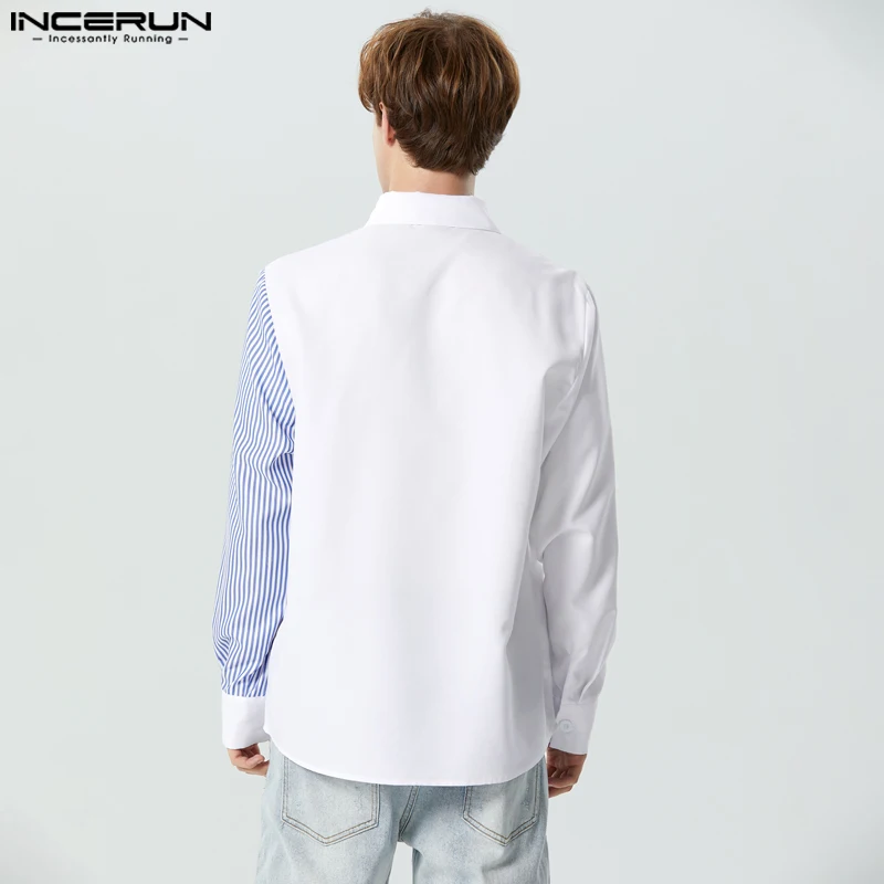 INCERUN 2023 Men Shirt Striped Patchwork Lapel Long Sleeve Casual Men Clothing Loose Streetwear Fashion Leisure Camisetas S-5XL