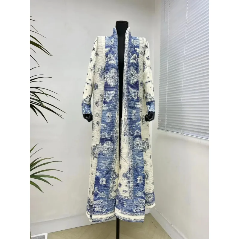 

Miyke pleated women's long cardigan windbreaker coat autumn new ethnic style printing loose plus size dress cloak robe