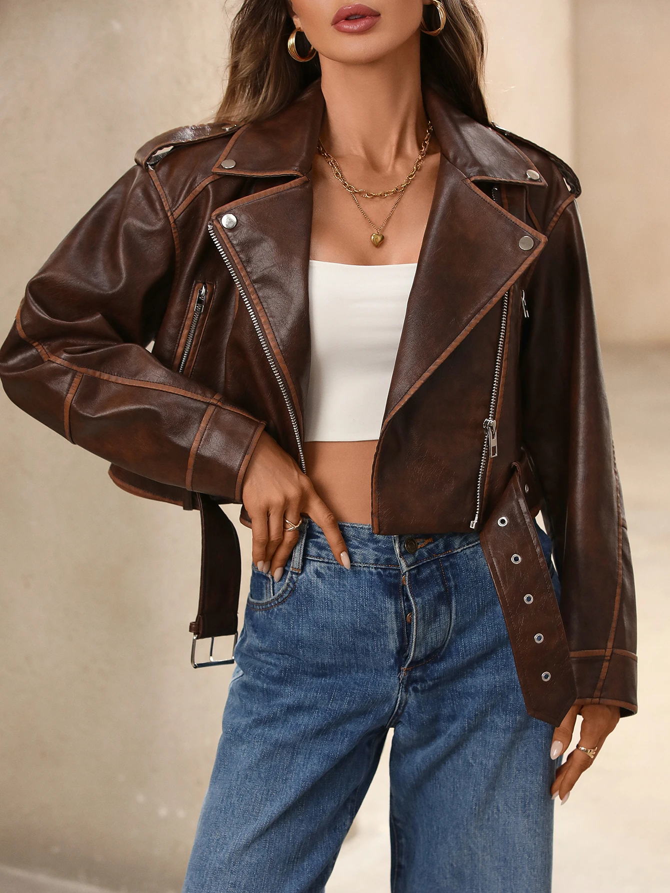 เสื้อแจ็คเก็ตหนังเทียมทรงครอปสำหรับผู้หญิง สไตล์ลำลอง แบบบอมเบอร์ ไบค์เกอร์ พร้อมเข็มขัด