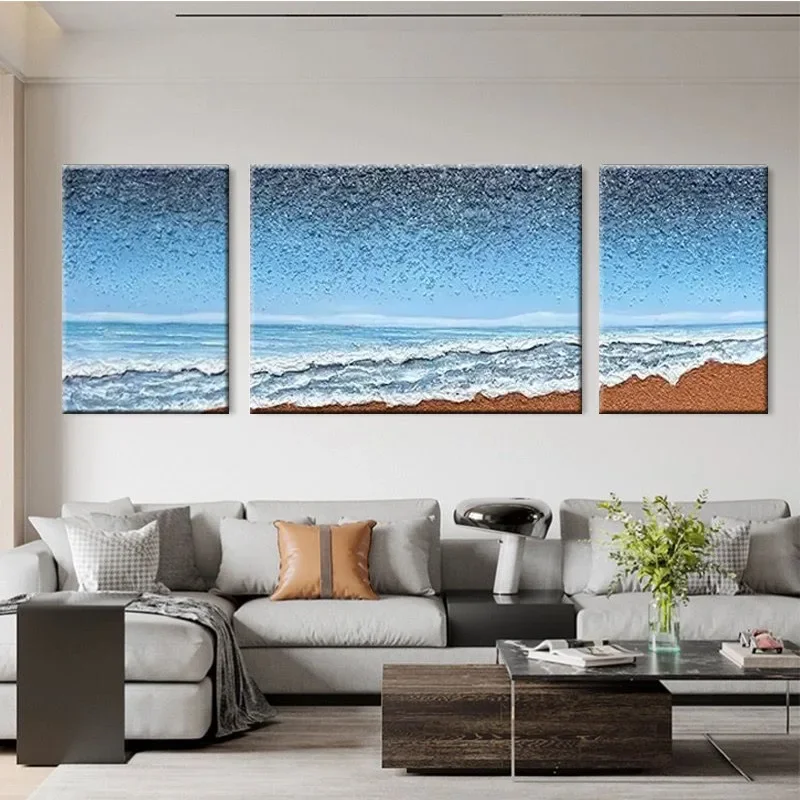 Pure hand-painted oil painting sea view living room sofa background wall triptych decorative painting blue starry sky