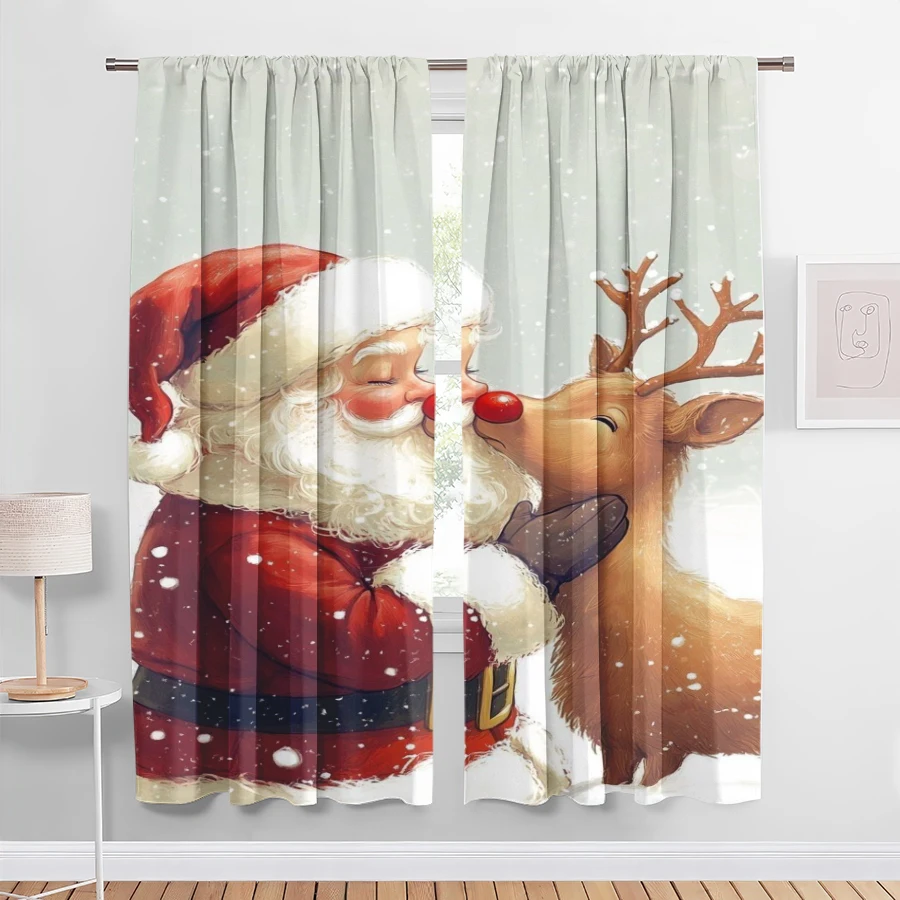 2PCS Digital Print Christmas Curtains, Santa Kissing Red Nose Reindeer, Heartwarming Cute Window Drapes for Holiday Home Decor