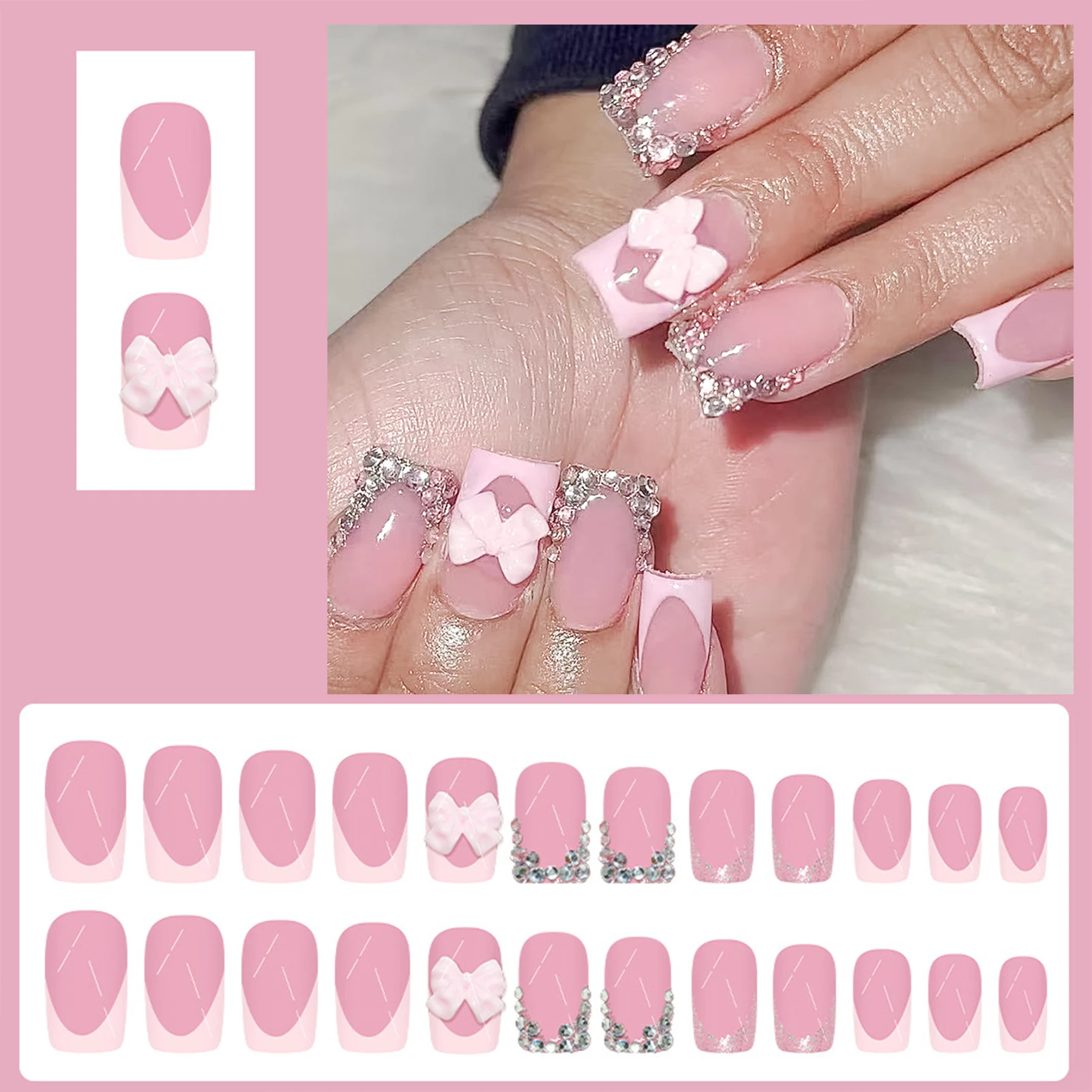 Faux ongles roses pour filles douces, 24 pièces, courts, à pression, pointe française, à coller, décor avec nœud papillon en strass