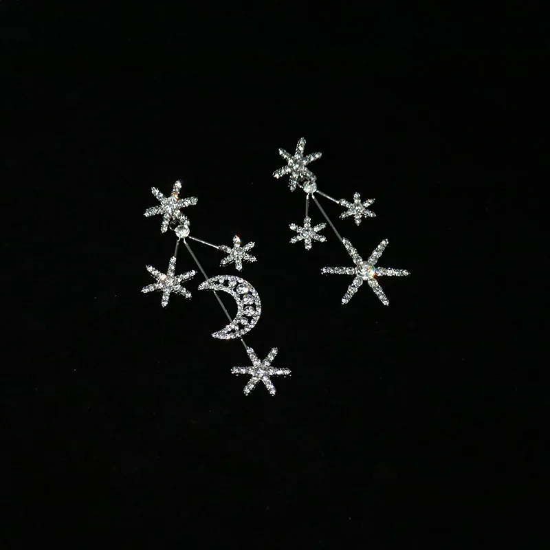 Rhinestone Asymmetrical Star Moon Long Drop Earrings Wedding Jewelry for Women Luxury Crystal Big Geometric Dangle Earrings Gift