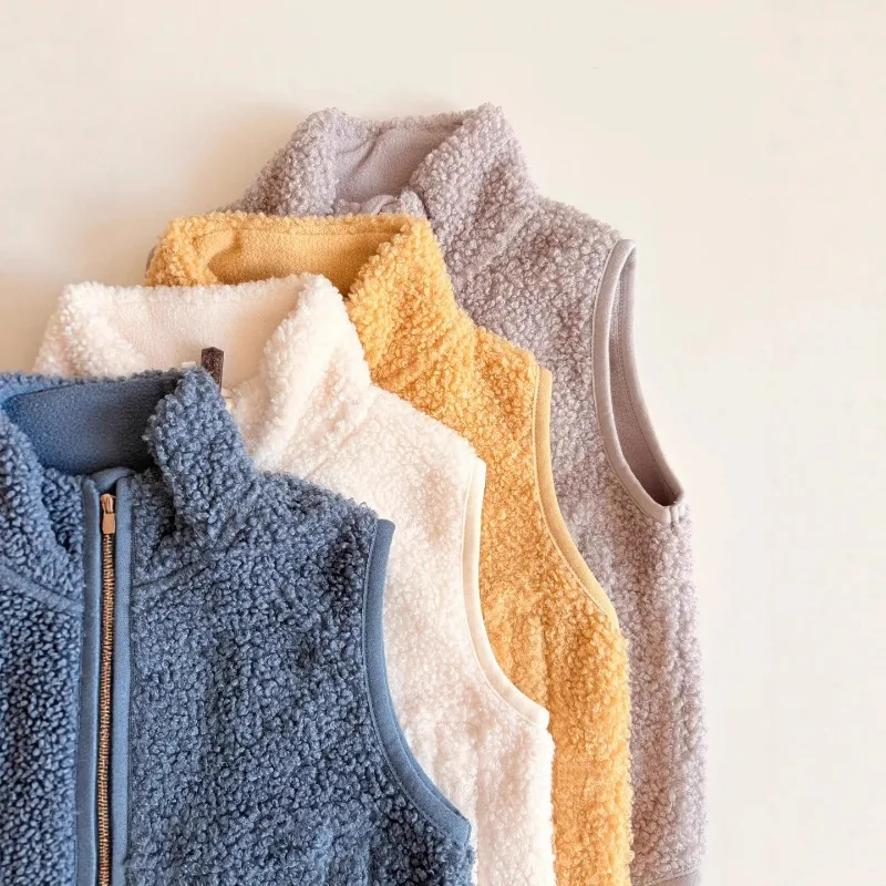 

Girls Boys Vest 2025 Autumn Winter Fleece Jacket Loose Versatile Outerwear Sleeveless Solid Color Vest Waistcoats