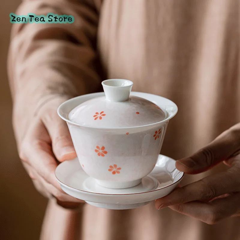 Pure Hand-painted Ink-dyed Small Daisies Three Only Cover Bowl Ceramic Underglaze Color Small Fresh Tea Bowl Home