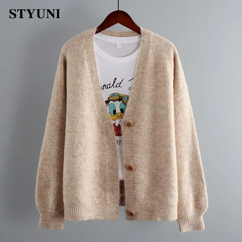 Cashmere Blend Soft Loose Casual Wool Knitted Women's Cardigan Lantern Sleeve Korean Fashion Chic Sweater Jacket Coat Cardigans