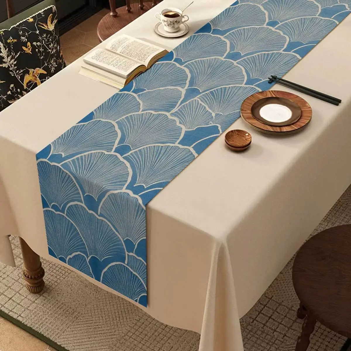 Japanese Style Light Blue Wave Table Runner | Elegant Light Blue & White Pattern | Home, Japanese Theme Party & Table Setting