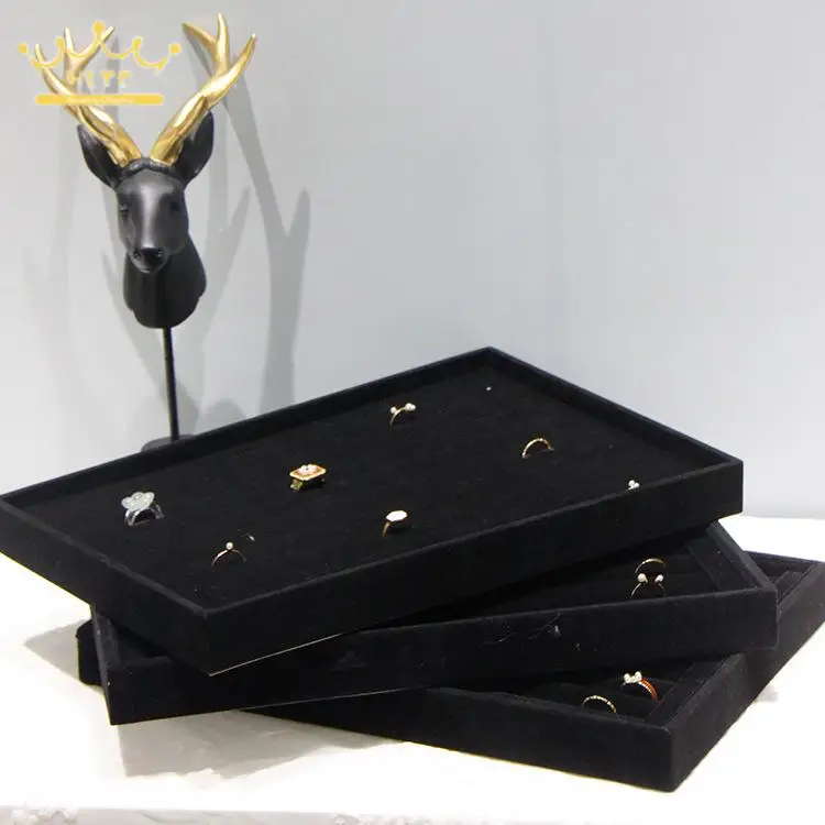 Black Velvet Ring Necklace Display Tray Earring Jade Pendant Storage Plate Large Size Rings Jewelry Organizer Box 35*24Cm