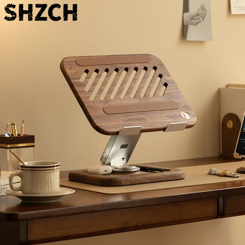 Solid Wooden Laptop Stand Holder 360° Rotation Adjustable Height Macbook Holder Stand Laptop Riser Rack FAS Grade Black Walnut