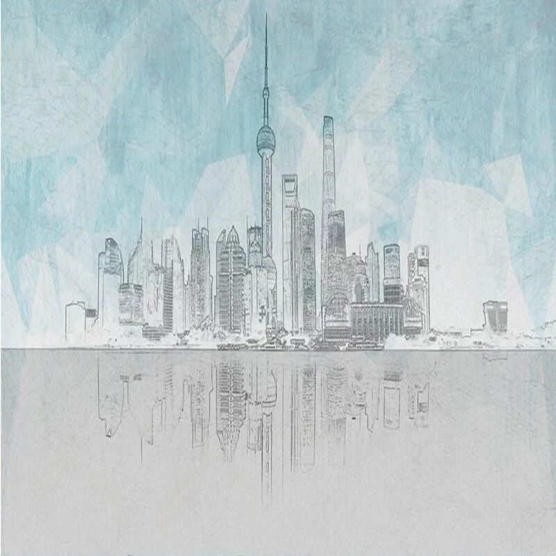 

Light blue landscape Hand-drawn background picture TV sofa Office study room background wall paper mural