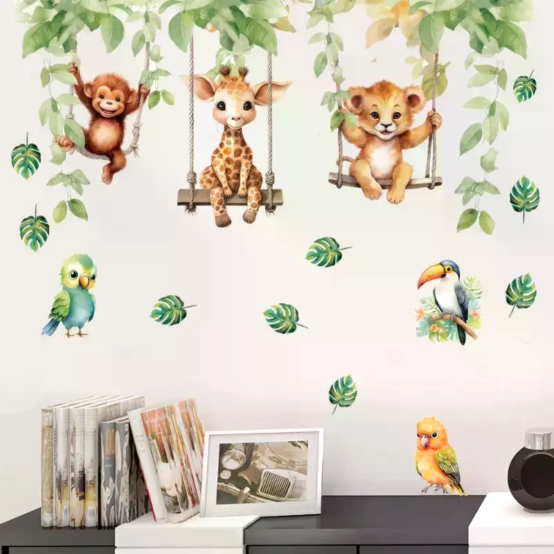 Cartoon Animal Wall Stickers for Kids Bedroom Bird Swinging Mural Art Cute Removable Home Decoration Decal