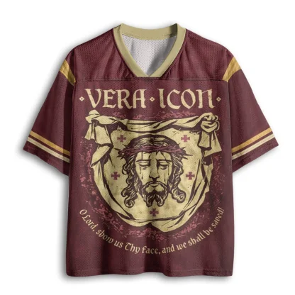 Vera Icon Vintage Religious Figure Print Men V Neck Mesh Jersey Retro Short Sleeve Tee