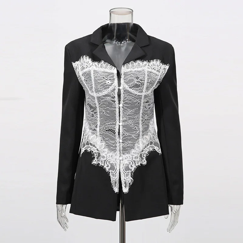 Celebrity High-end Lace Splicing Fishbone Waist Suit 2026 Spring and Autumn New V-neck Long-sleeved Solid Color Jacket Women